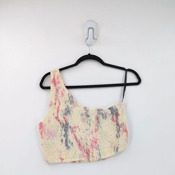 S/W/F SWF Women L Asymmetrical Crop Top Yellow Tie Dye Smocked One Shoulder NEW - Picture 2 of 4